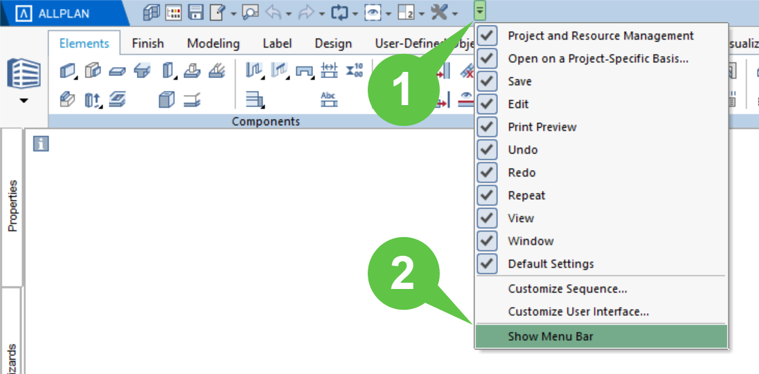 Expandir e exibir a barra de menus