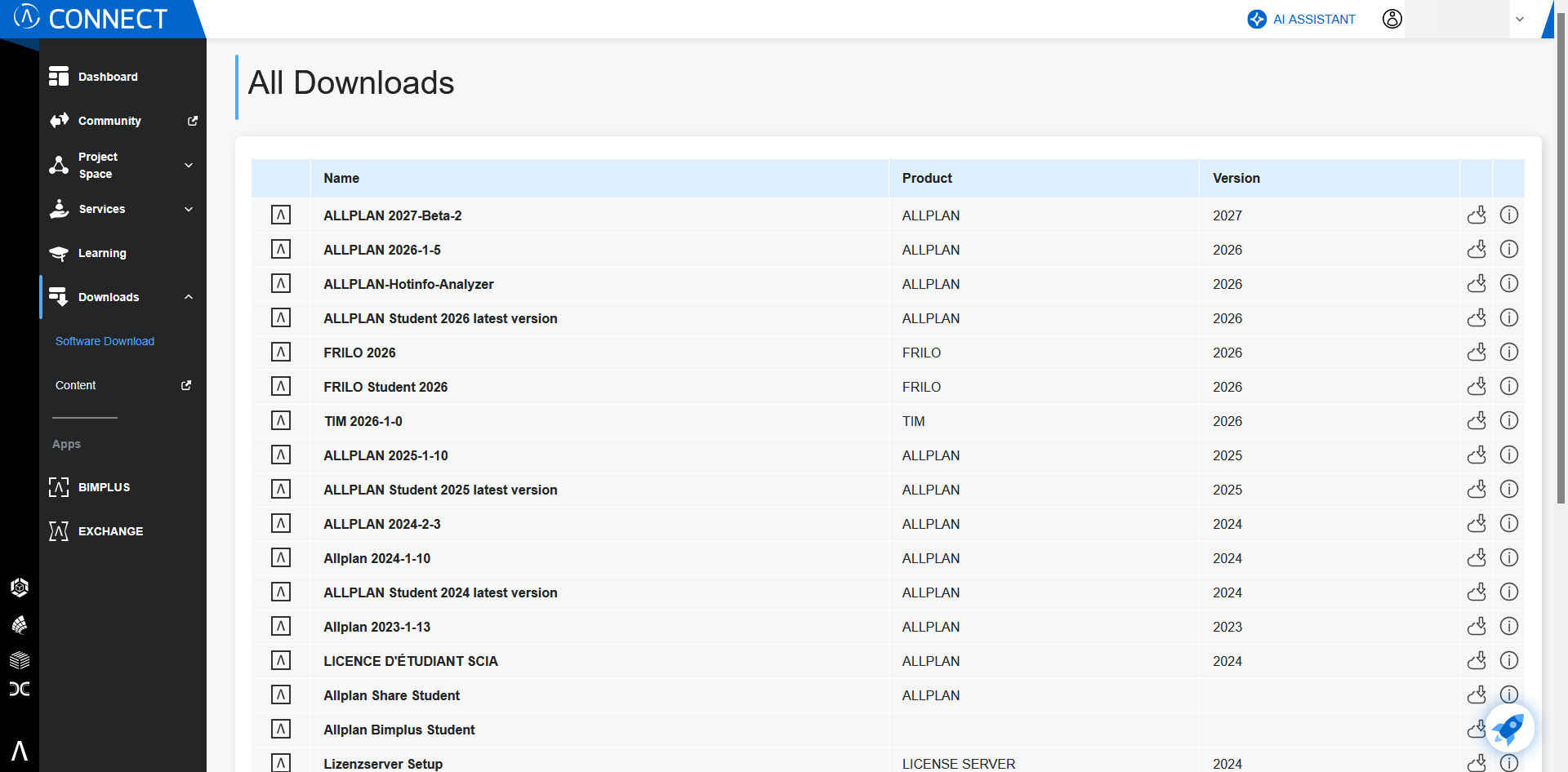 Downloads de software no ALLPLAN CONNECT