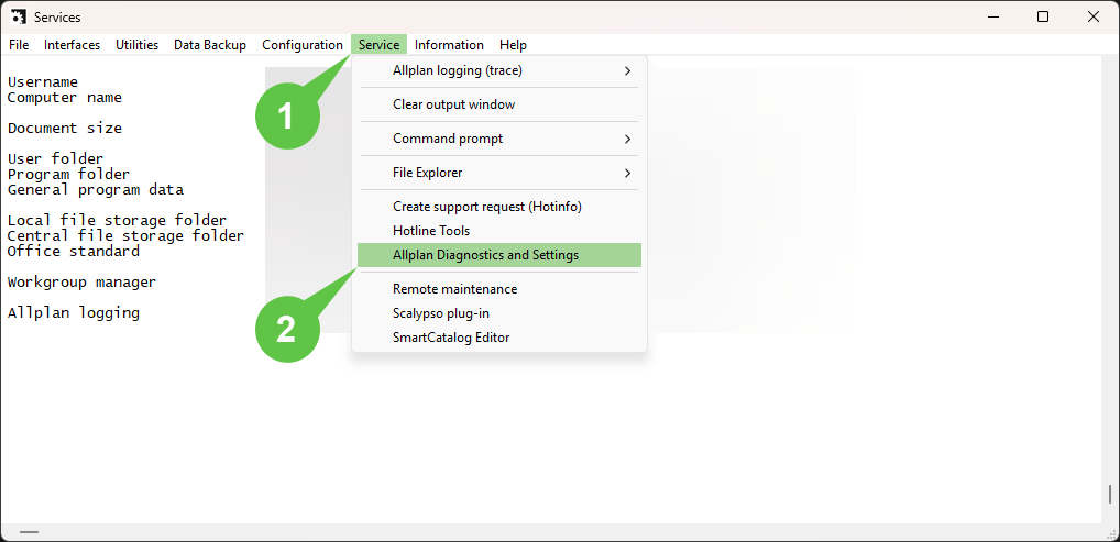 Acessar o diagnóstico e as configurações do ALLPLAN
