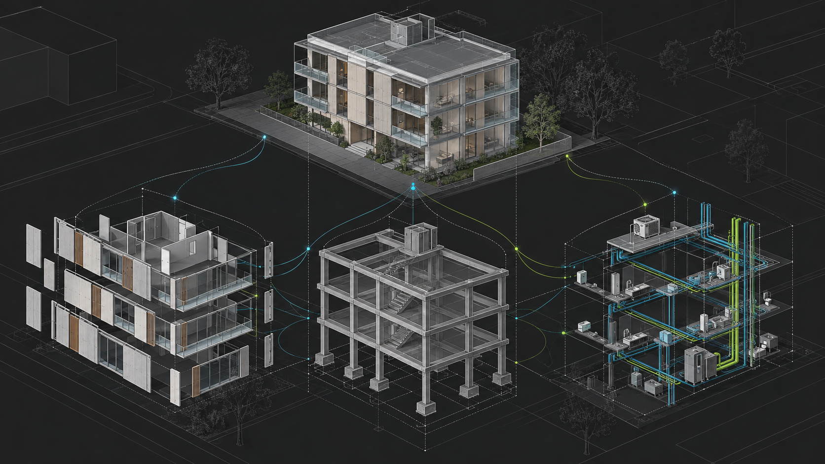Modelos de arquitetura, estrutura e instalações conectados a uma visão coordenada do edifício.